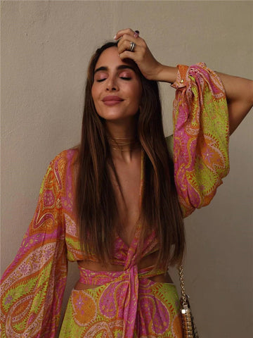 Yipinpay 2023 Print Cut Out Dress Women Short Boho Chiffon Dress Woman Slit Long Puff Sleeve Summer Dresses Beach Sexy Party Dresses